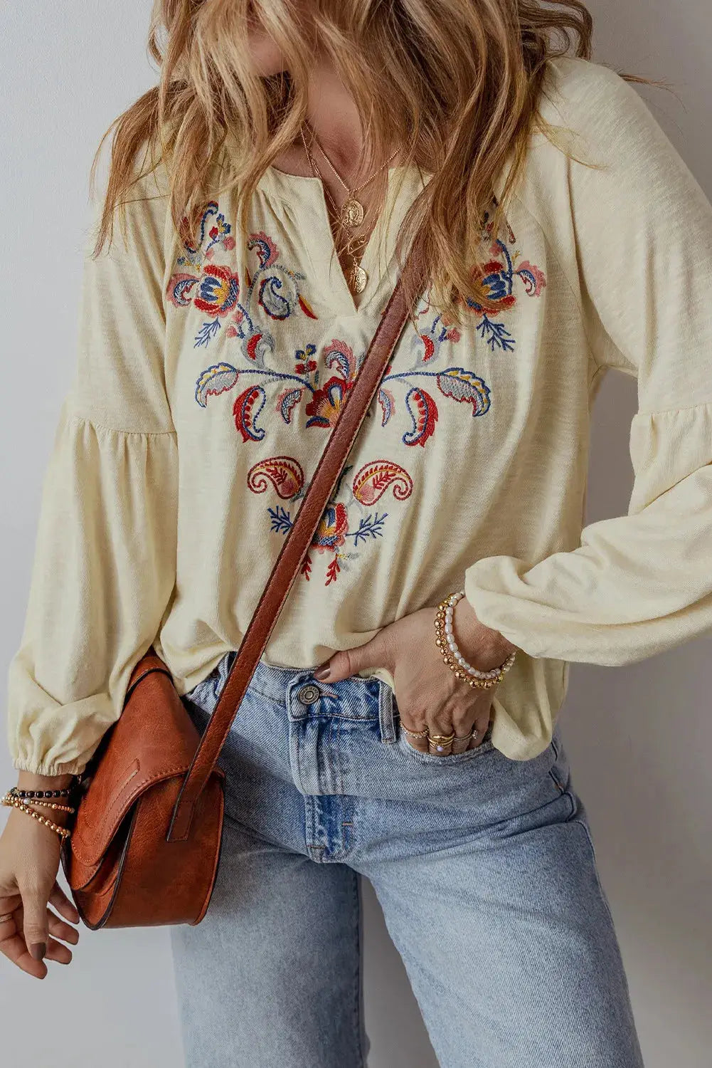 Embroidered Notched Long Sleeve Blouse