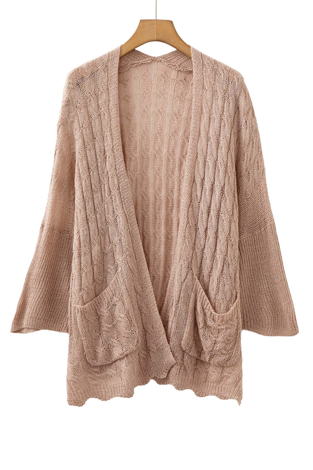 Old Rose Hollowed Pattern Knit Drop Shoulder Open Sweater Cardigan