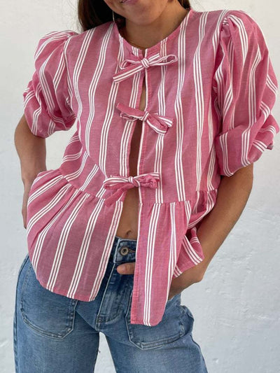 Tied Round Neck Balloon Sleeve Shirt