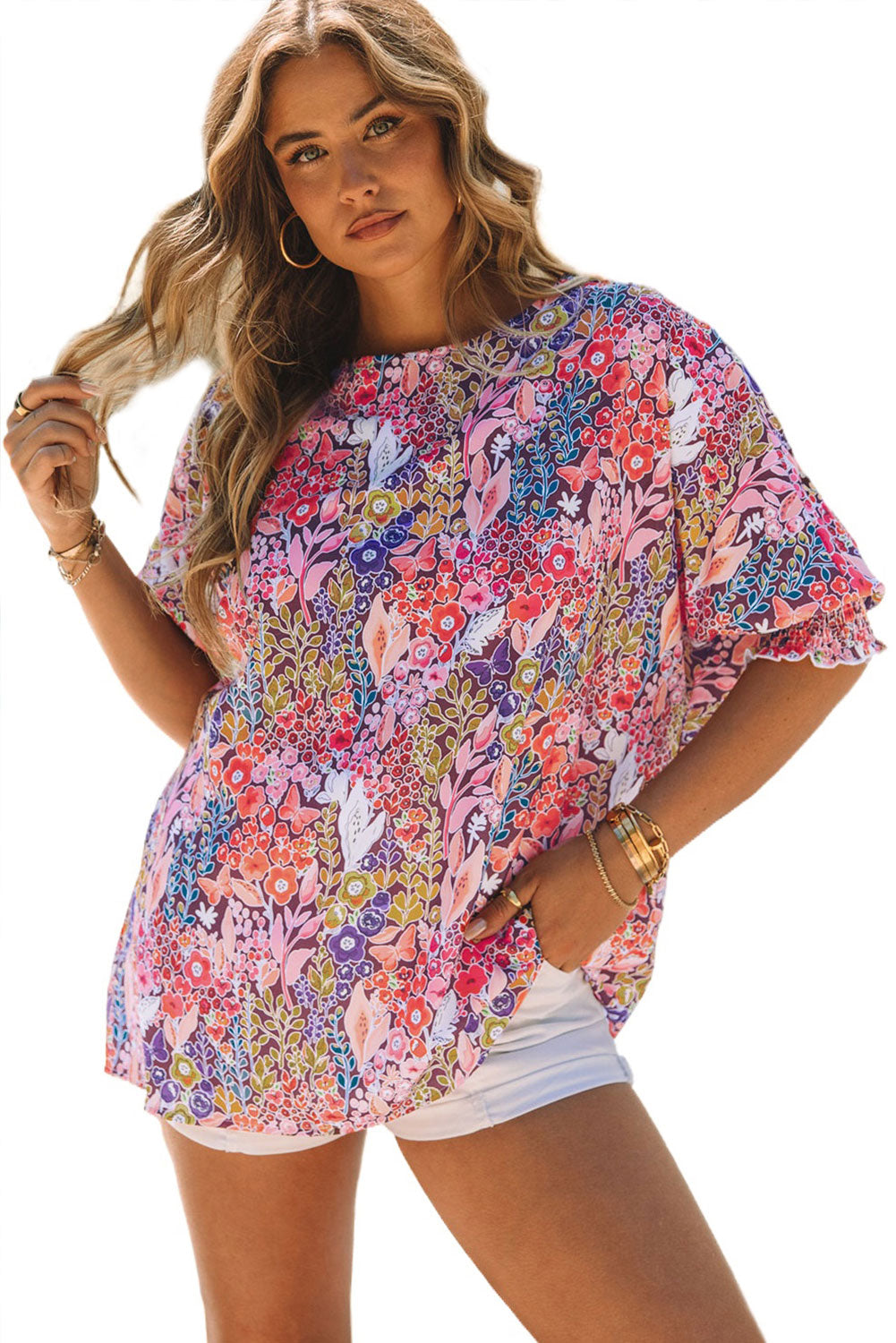 Multicolor Floral Print Shirred 3/4 Sleeve Tunic Blouse