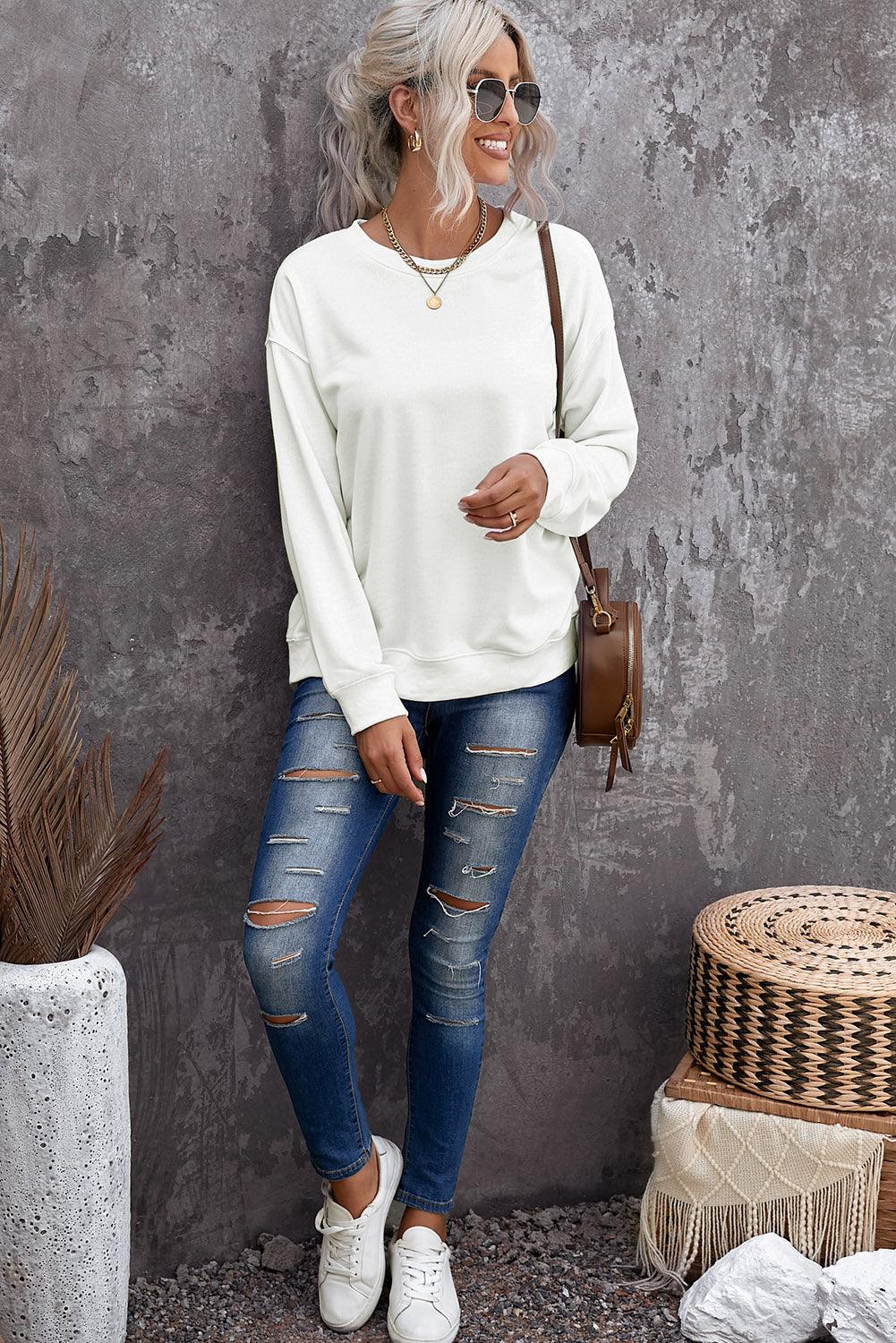 Beige Plain Crew Neck Pullover Sweatshirt