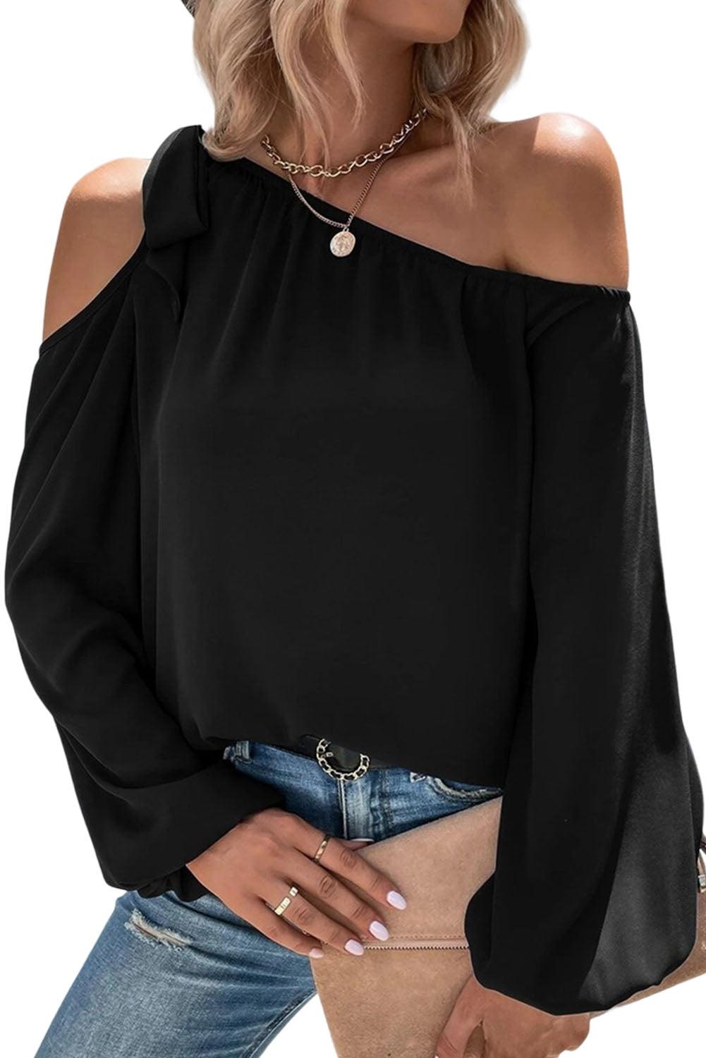 Black Knotted Asymmetric Off Shoulder Blouse