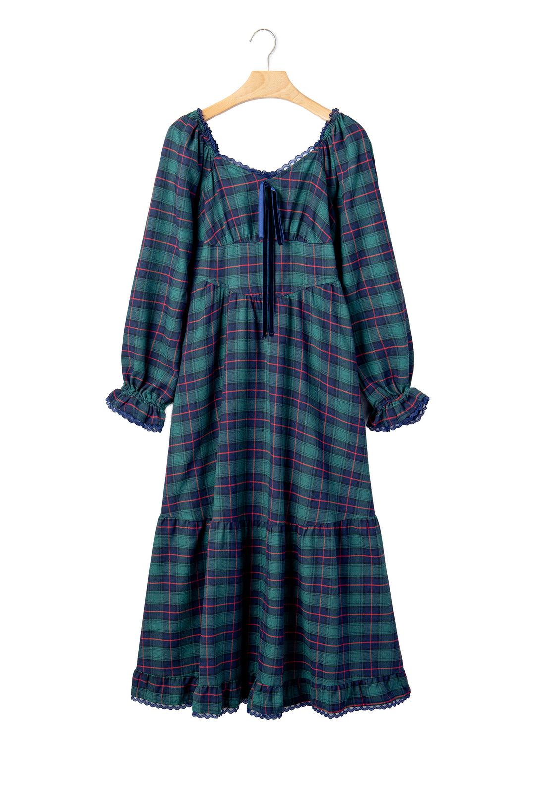 Green Vintage Plaid Square Neck Lace Trim Long Sleeve Shift Dress