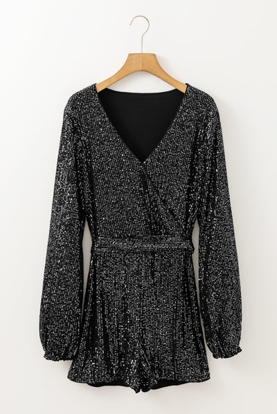 Black Sequined V Neck Wrapped Long Sleeve Romper