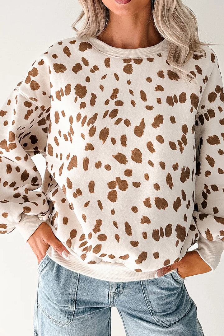 Brown Leopard Print Dropped Shoulder Round Neck Casual Sweatshirt