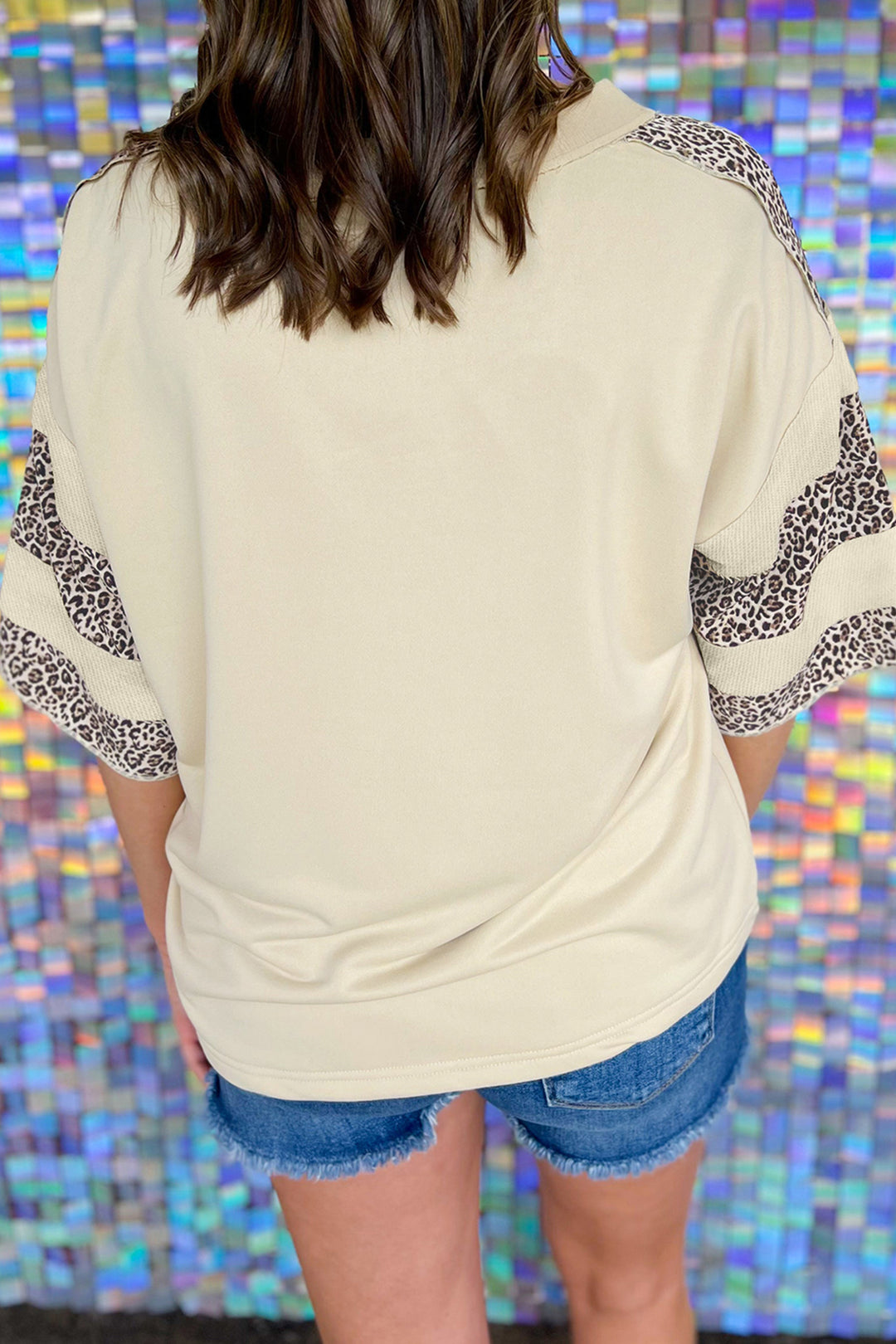 Apricot V Neck Exposed Seam Leopard Color Block Patchwork Half Sleeve Top