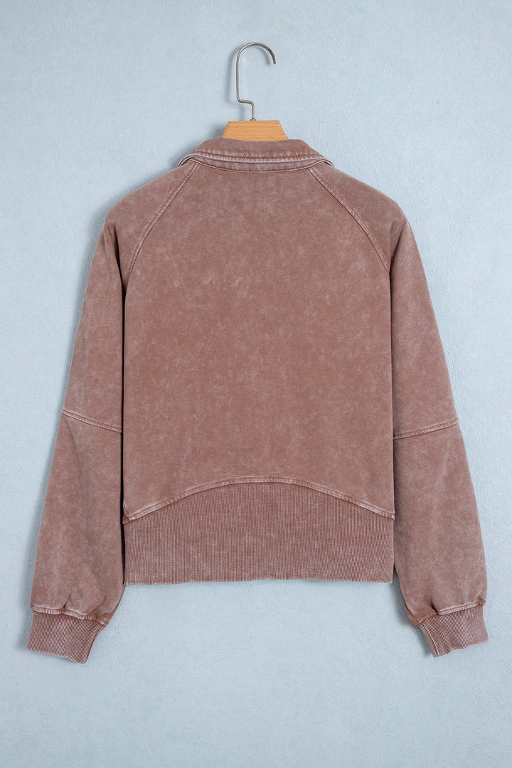 Chestnut Vintage Half-Zip Long Sleeve Ribbed Cuffs Hem Shift Silhouette Sweatshirt