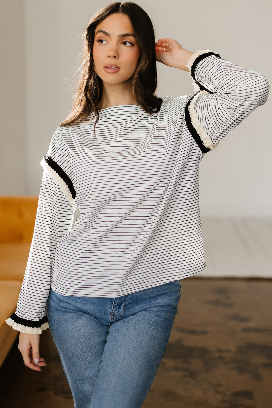 White Stripe Contrasted Ruffle Trim Loose Long Sleeve Top