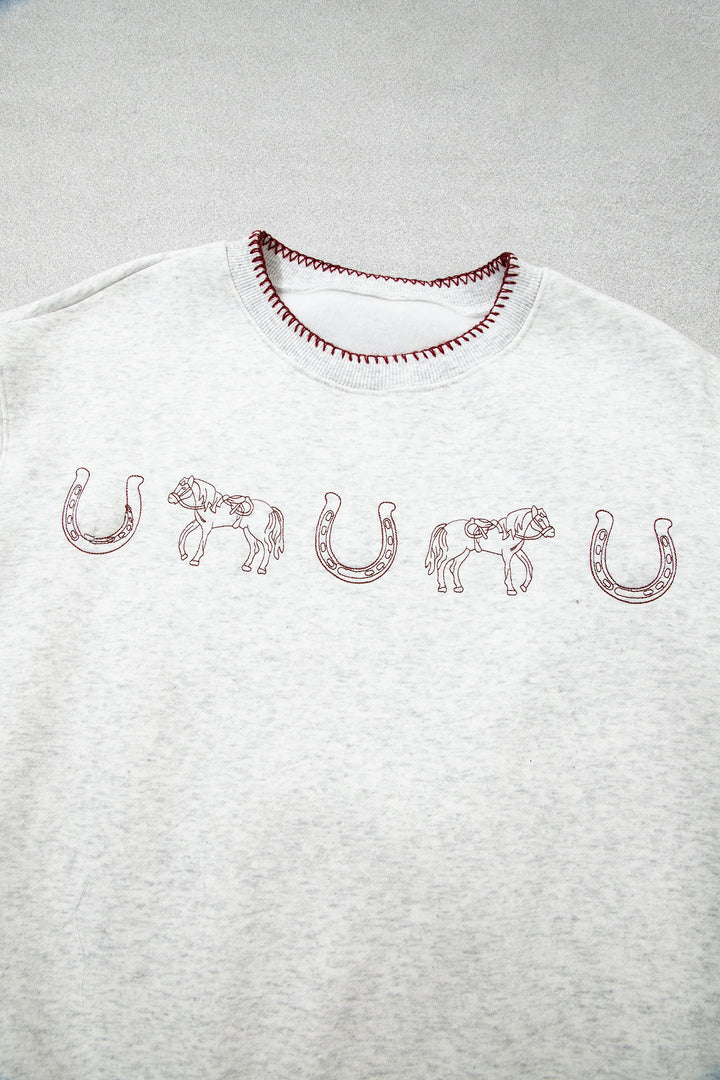 Light Grey Western Print Embroidered Casual Sweatshirt