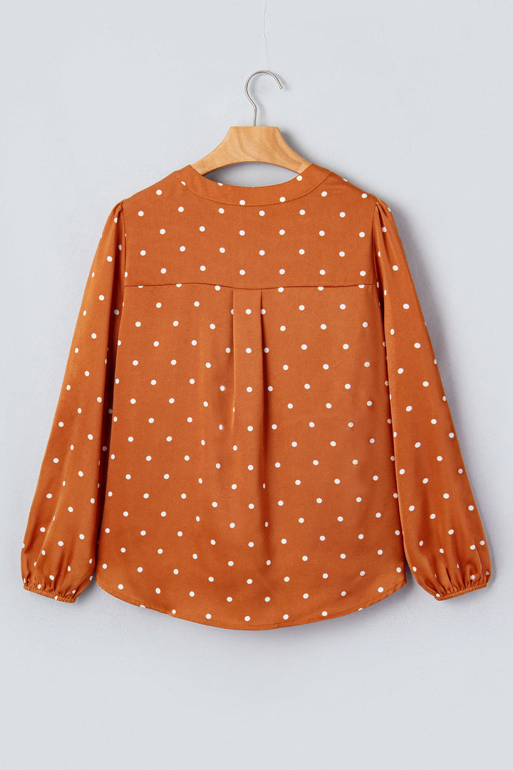 Brown Polka Dot Half Button V Neck Long Sleeve Blouse