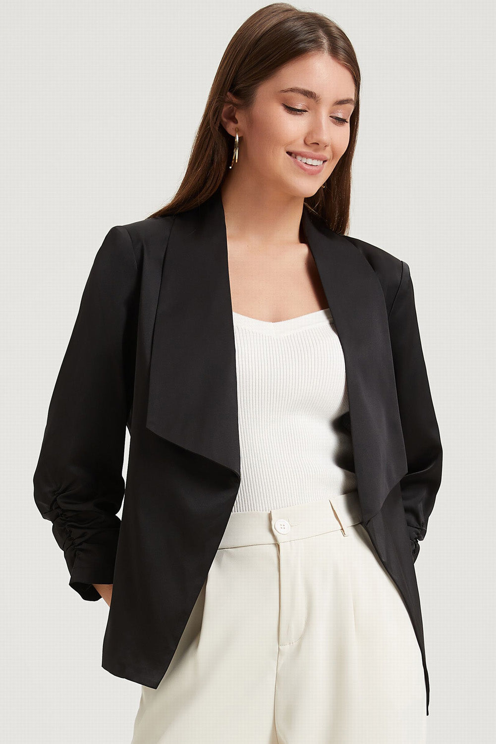 Apricot Solid Lapel Collar Satin Blazer