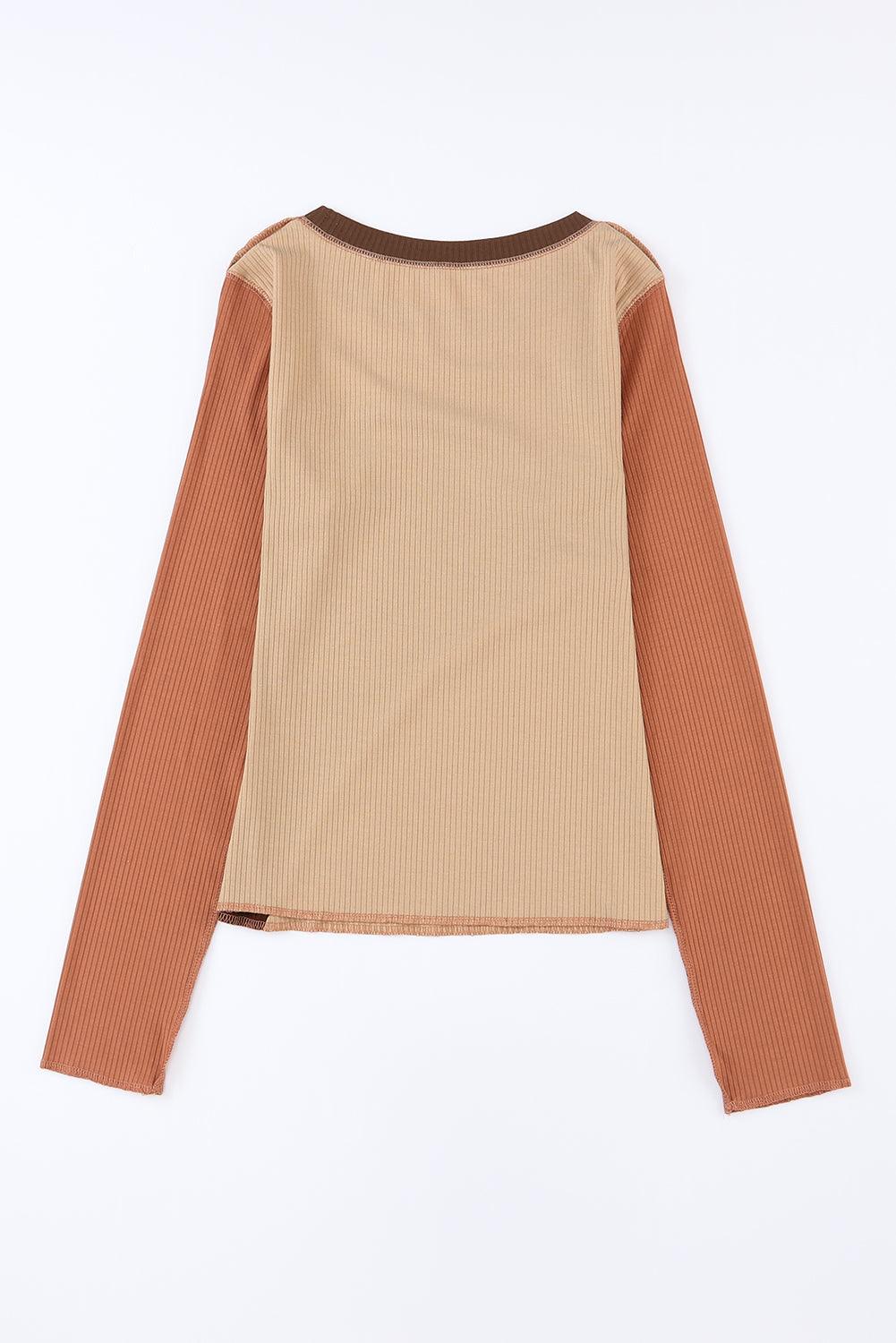 Brown Expose Seam Color Block Ribbed Knit Top