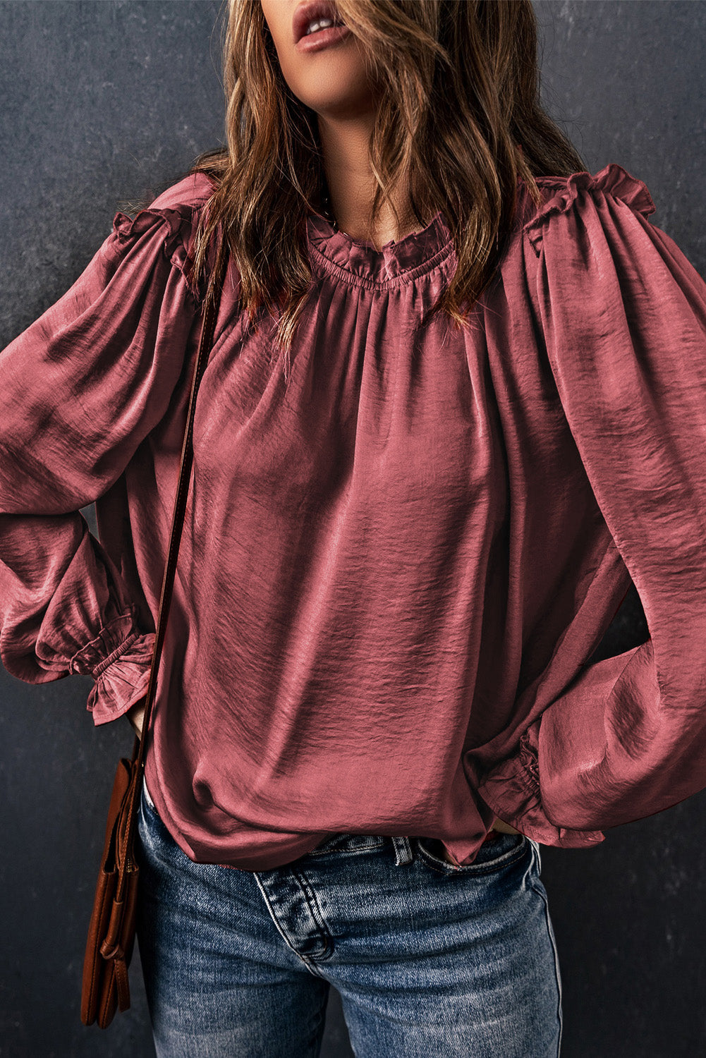 Red Frilled Neck Ruffled Long Sleeve Blouse