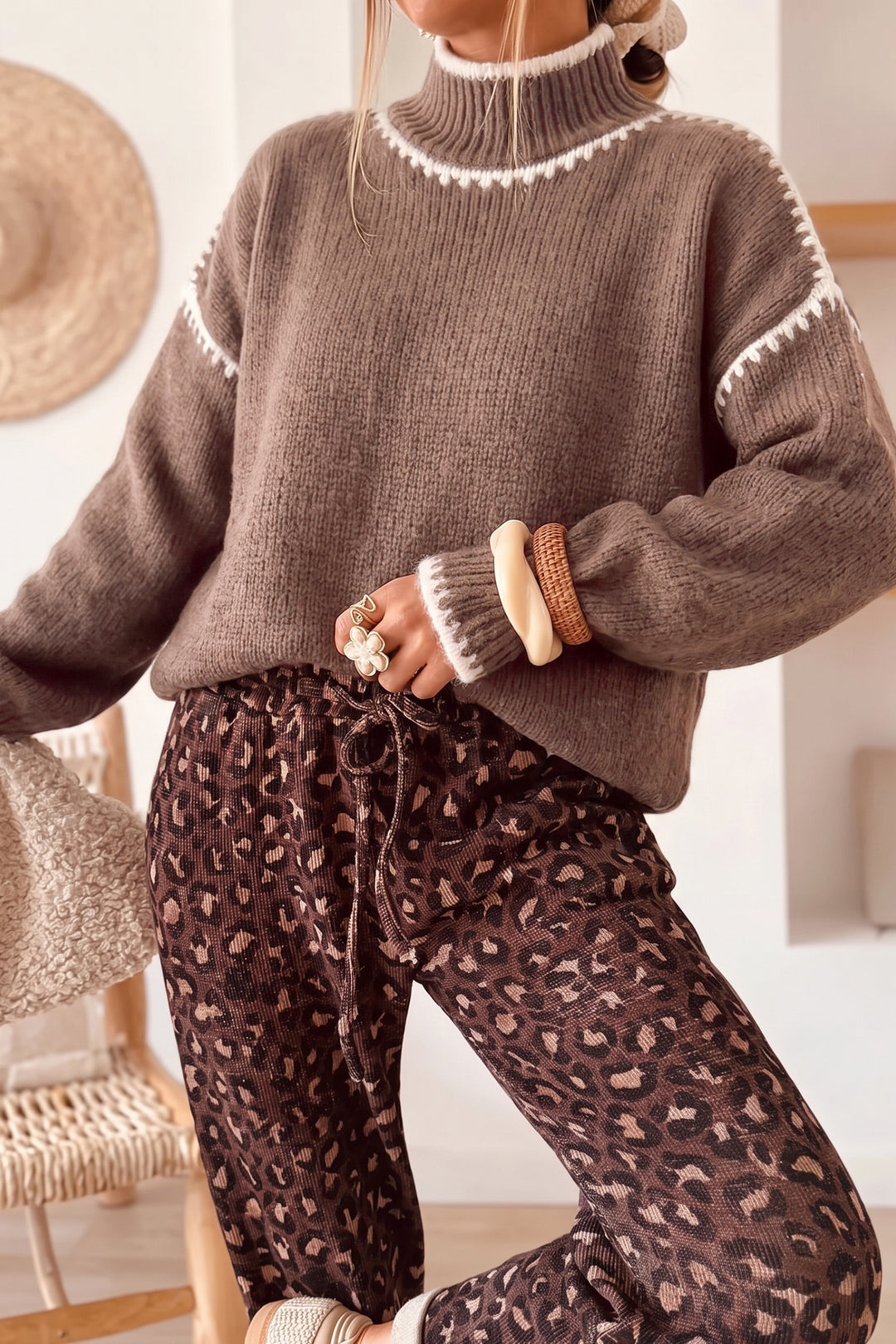 Dark Khaki Contrast Trim Mock Neck Drop Shoulder Relaxed Sweater