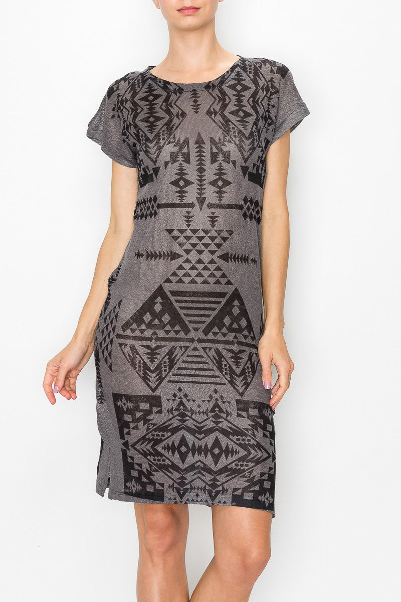 Short Sleeve Aztec Print Dress - Grey