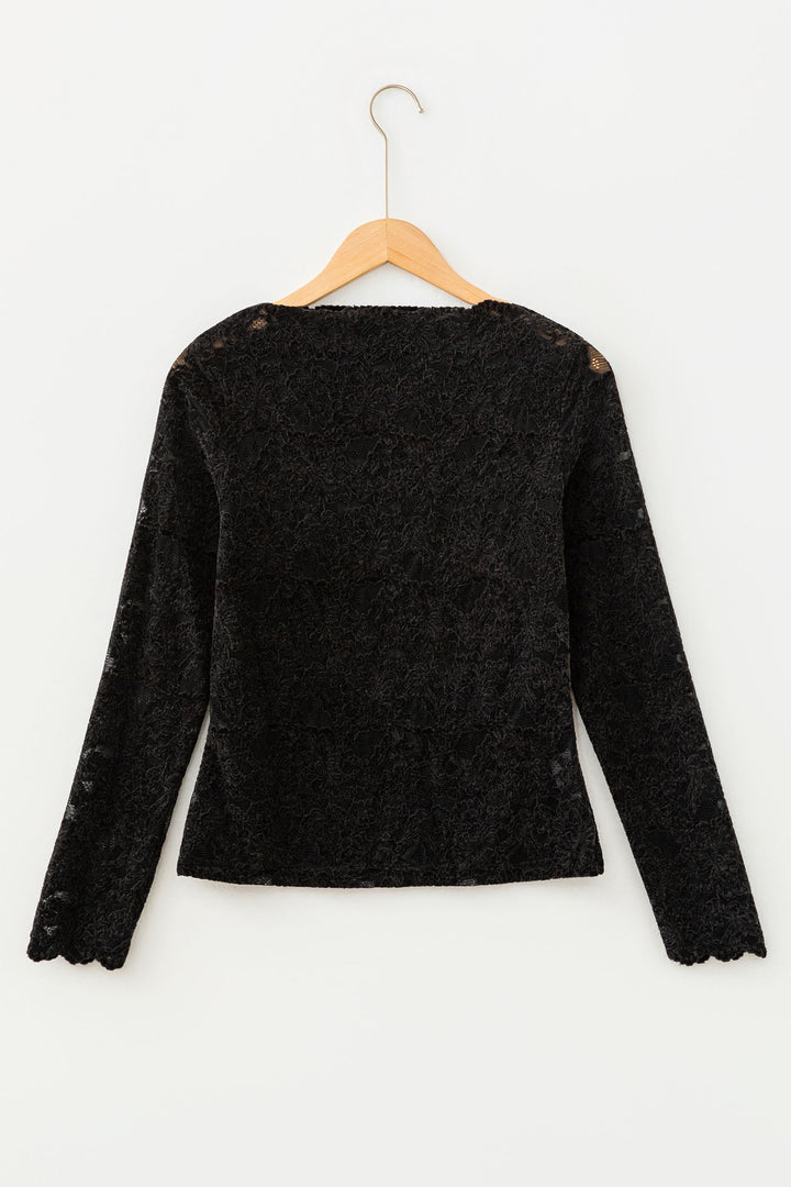 Black Elegant Stand Neck Lace Long Sleeve Top