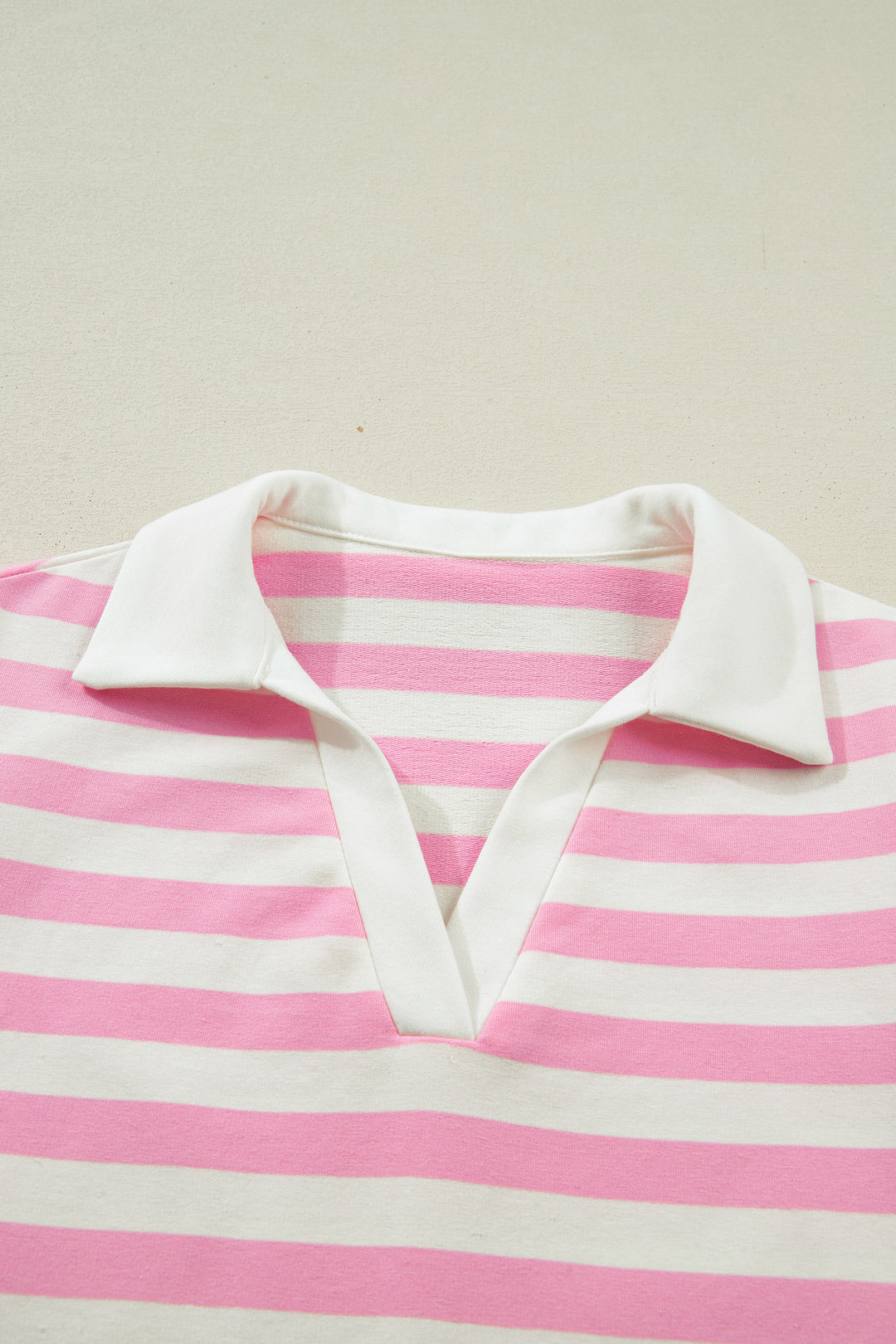 Pink Stripe Collar V Neck Ruffled Short Sleeve Blouse