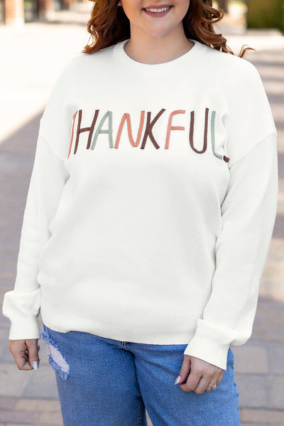 White Plus Size Thankful Ivory Embroidered Sweater