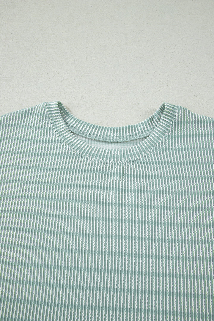 Rose Stripe Raised Rib Loose Tee Drawstring Elastic Waist 2pcs Short Set