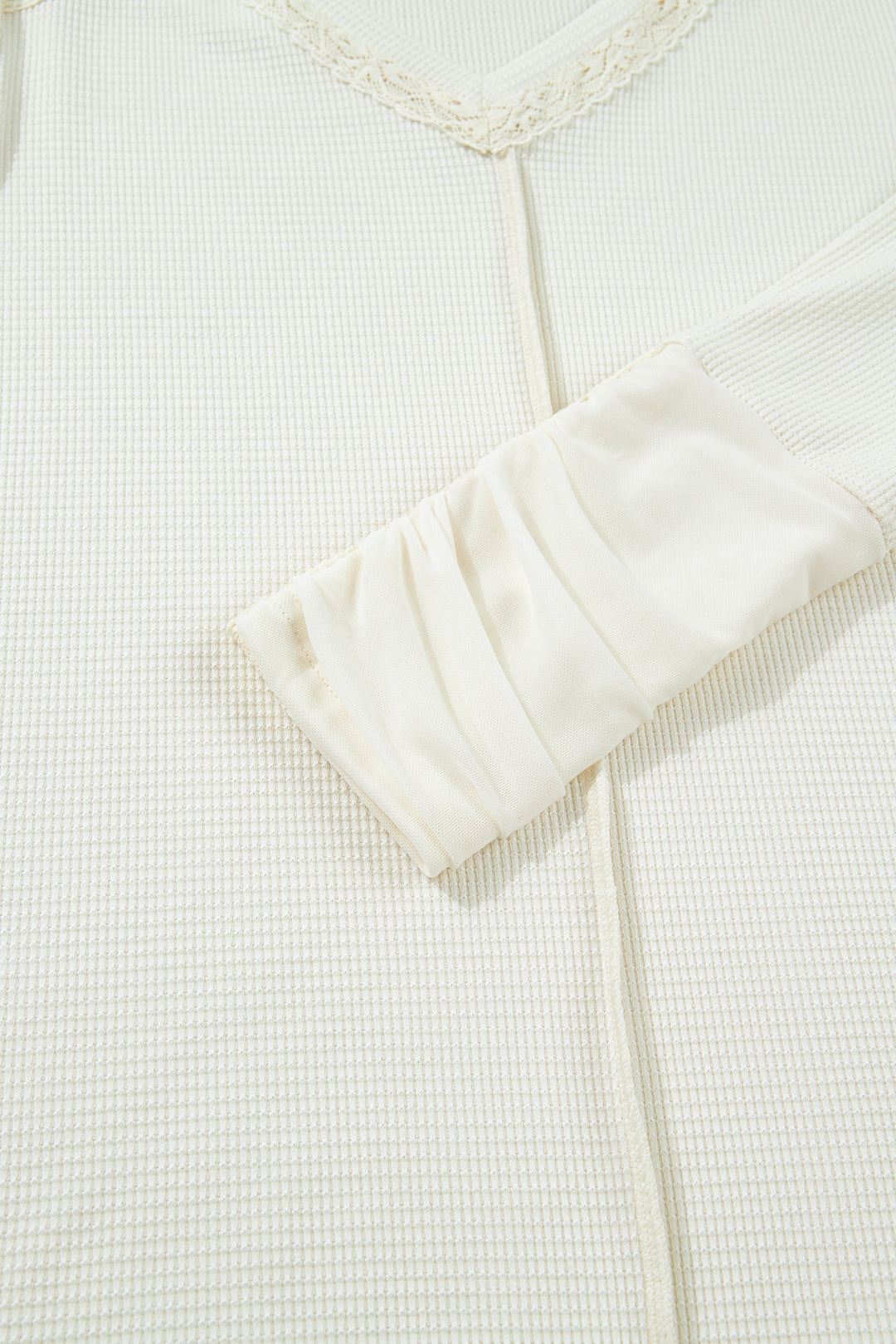 Beige Thermal Knit Lace Ruched Patchwork Long Sleeve V Neck Top