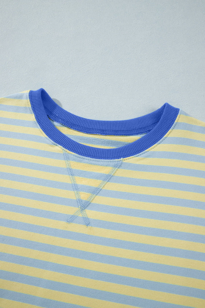 Pink Stripe Colorblock Trim Crew Neck Loose Tee Drawstring Elastic Waist 2pcs Pant Set