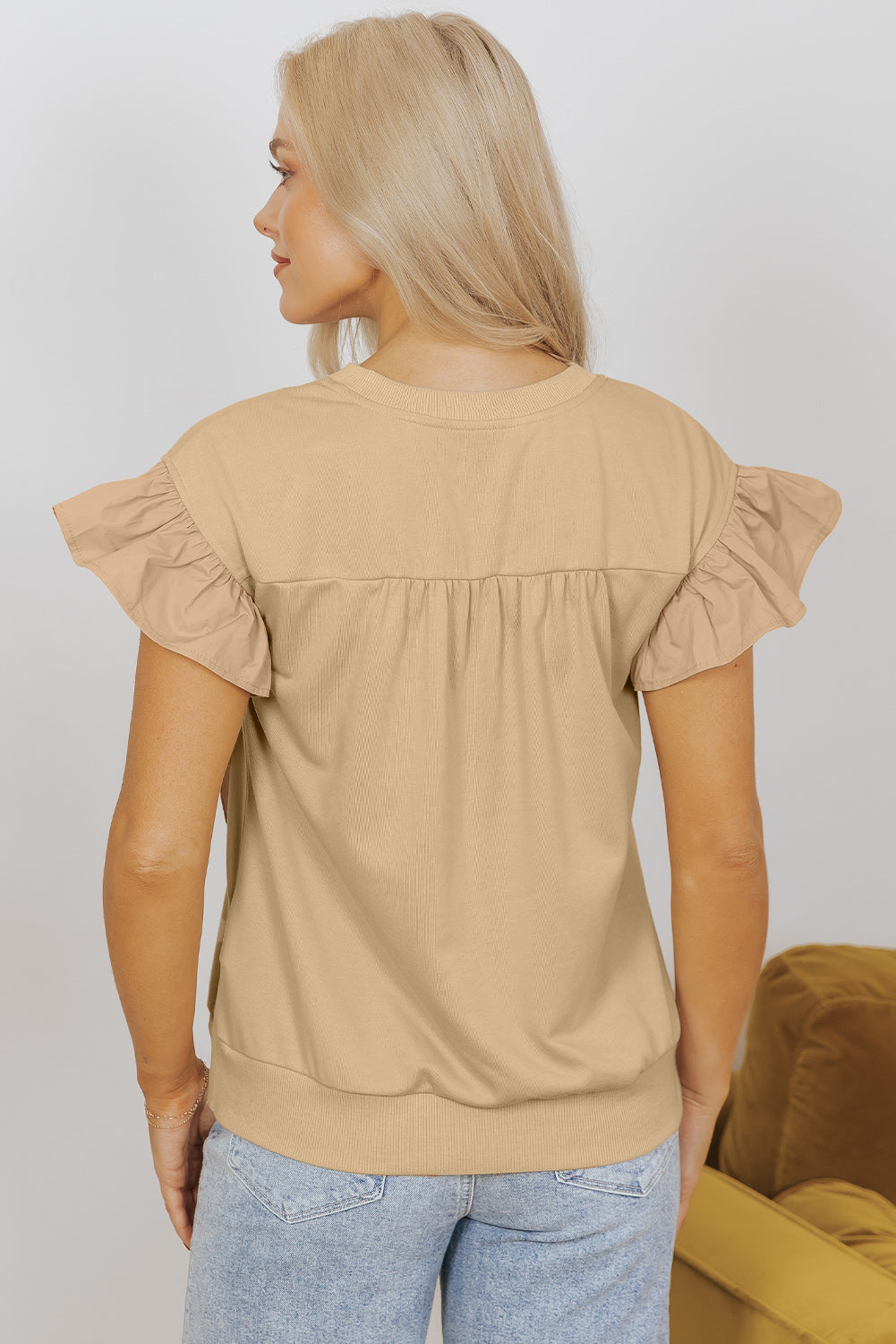 Parchment Two Tones Ribbon Bow Ruffle Sleeve Top