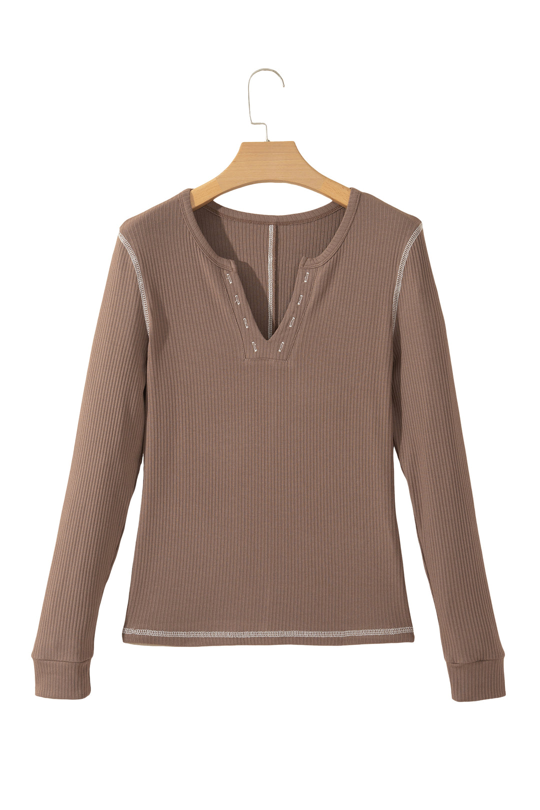 Dark Khaki V Neck Ribbed Stitched Detail Long Sleeve Top