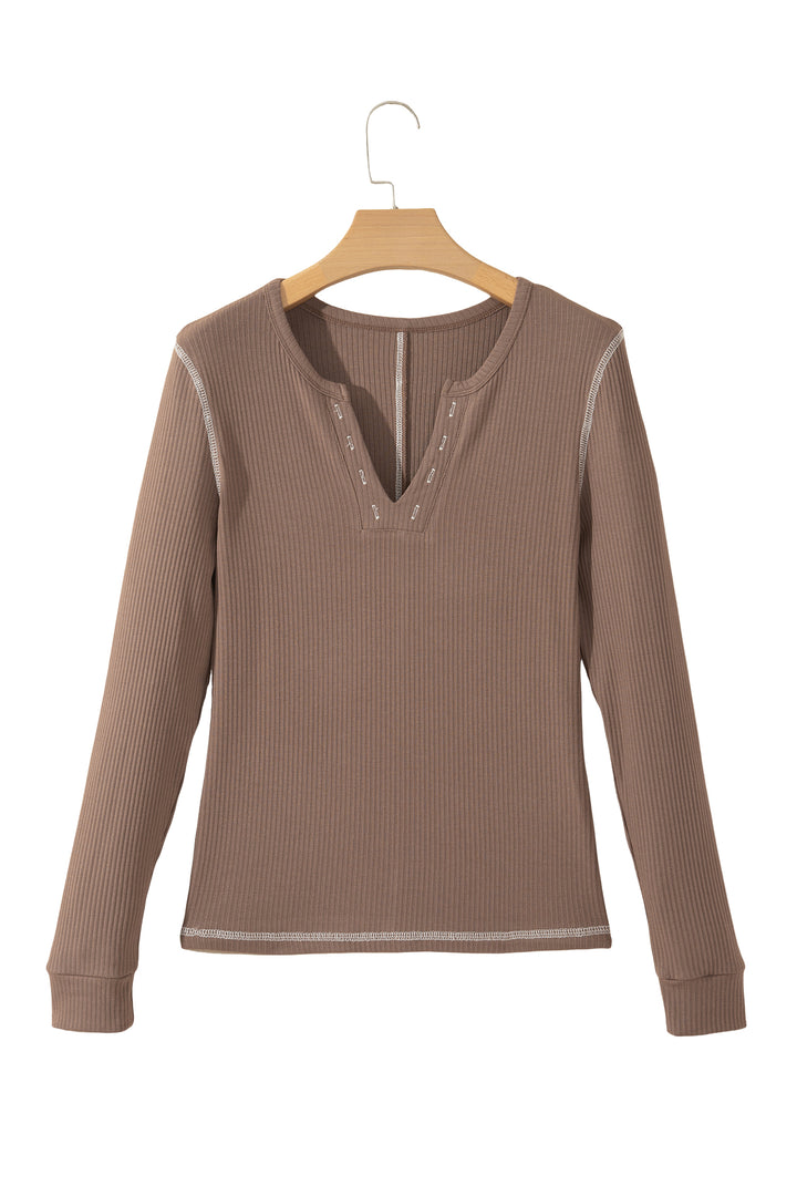 Dark Khaki V Neck Ribbed Stitched Detail Long Sleeve Top