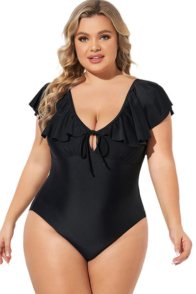 Black Ruffled Sleeve Lace-up V Neck Plus Size One Piece Swimsuit