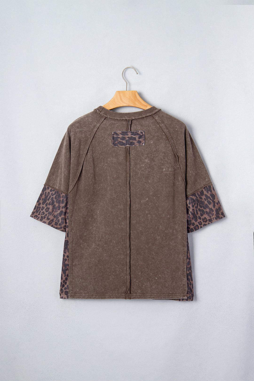 Coffee Mineral Wash Exposed Seam Leopard Star Patched T Shirt