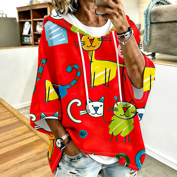 Cartoon Cat Print Hoodie with 3/4 Sleeves &amp; Drawstring