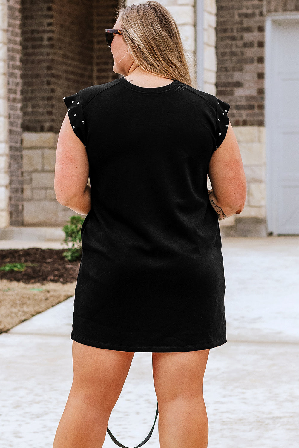 Black Studded Cap Sleeve Plus Size T-shirt Dress