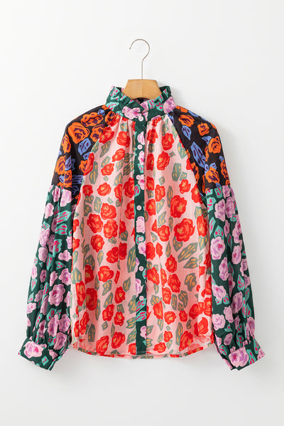 Red Colorblock Floral Printed Puff Sleeve Shirt