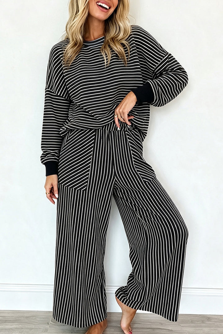 Black Stripe Drop Shoulder Relaxed Pullover Casual Pants 2pcs Set