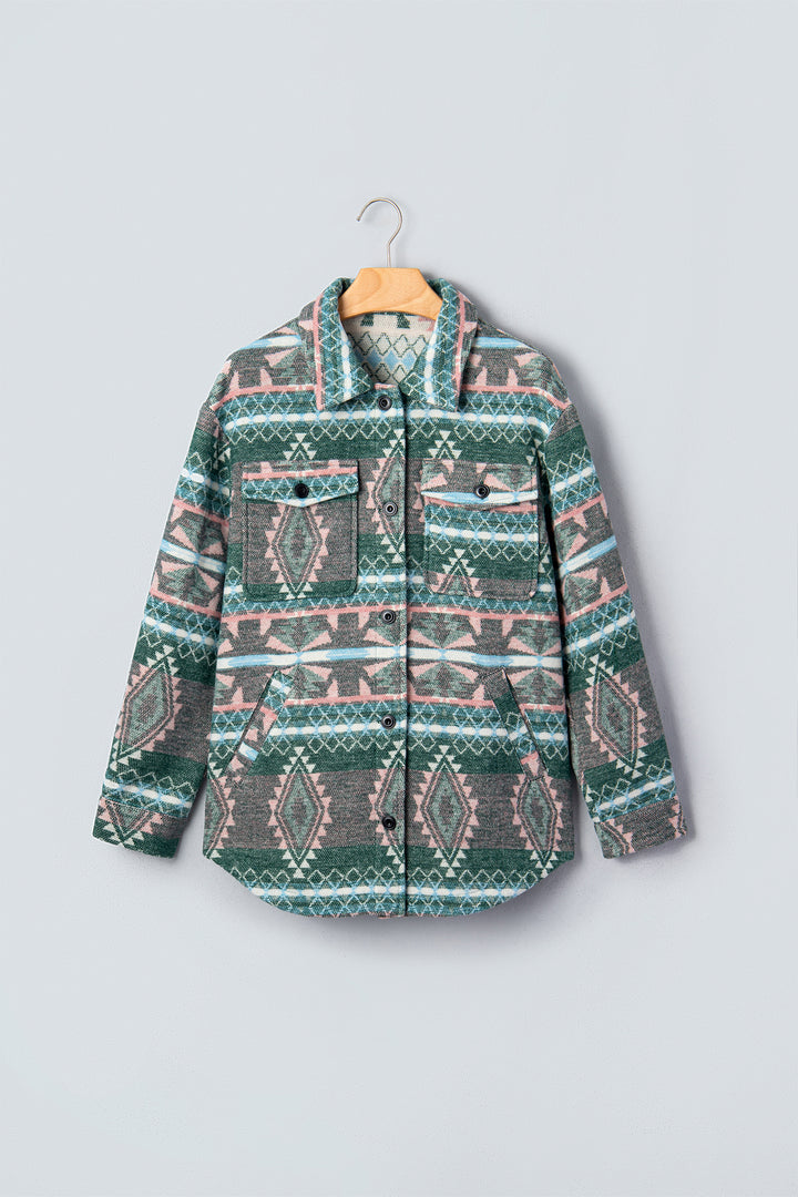 Green Geometric Print Button Front Long Sleeve Shacket
