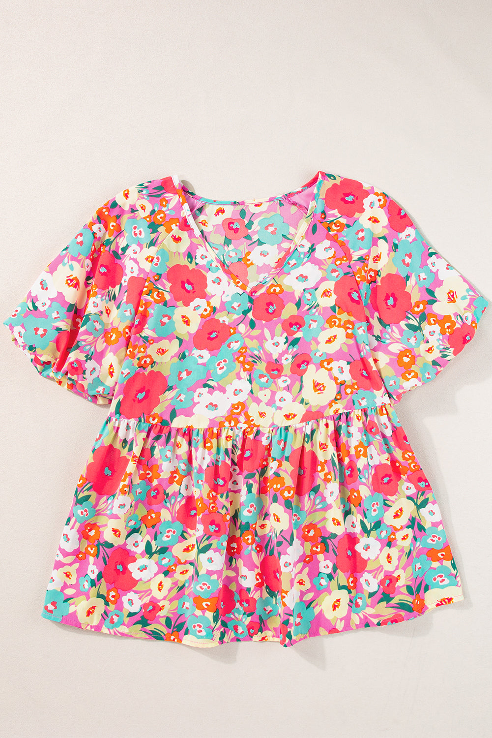 Multicolour Boho Floral Short Puff Sleeve Babydoll Blouse