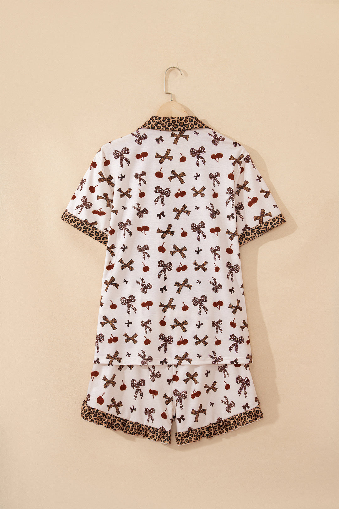 White Chic Bow Cherry Printed Leopard Contrast Patchwork Shirt Drawstring Shorts 2pcs PJ Set