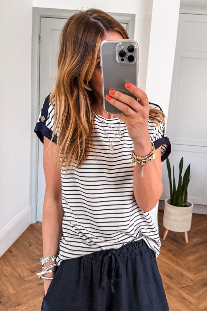 Black Stripe Cuffed Sleeve Button Detail Loose Tee
