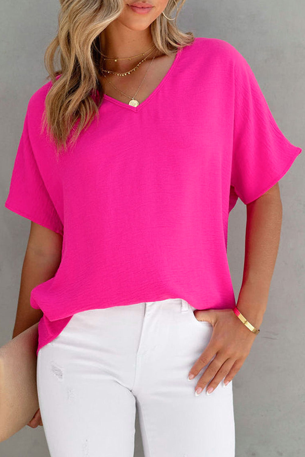 Rose Solid V Neck Short Sleeve Blouse