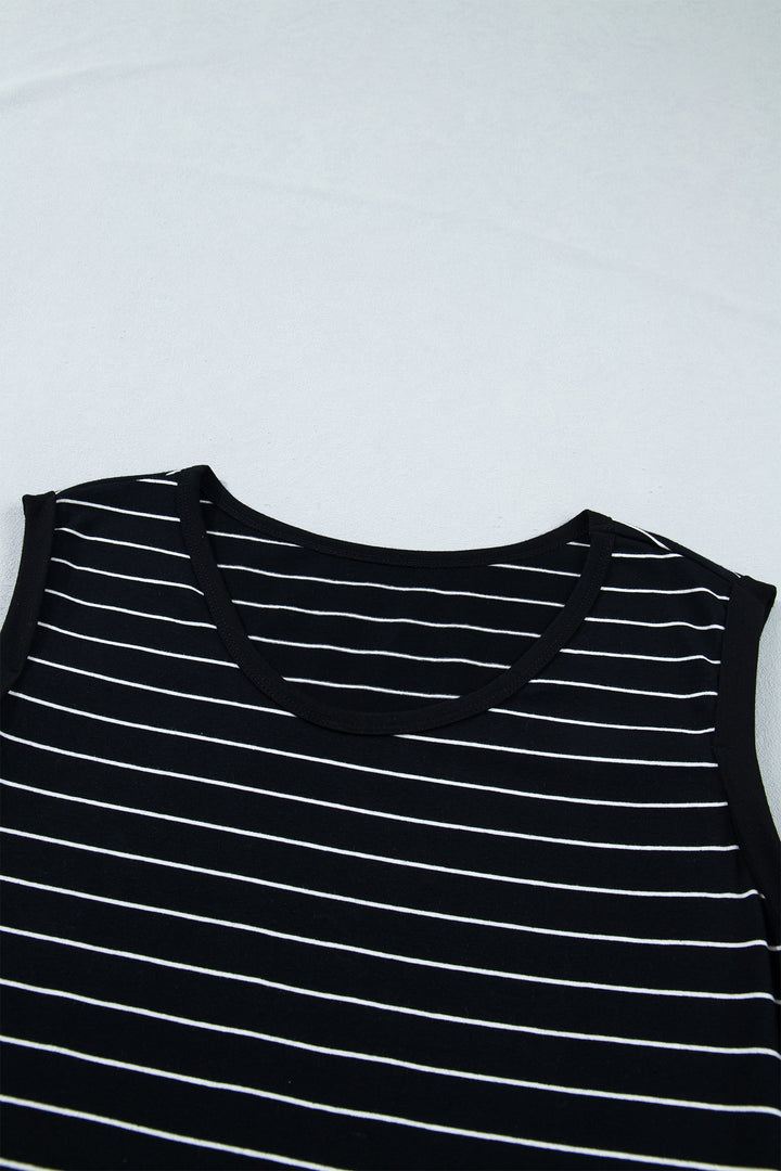 Black Stripe Drawstring Tunic Tank Mini Dress with Pockets
