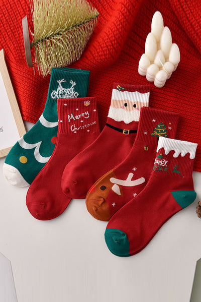 Fiery Red 5 Pairs Festive Merry Christmas Cartoon Print Socks