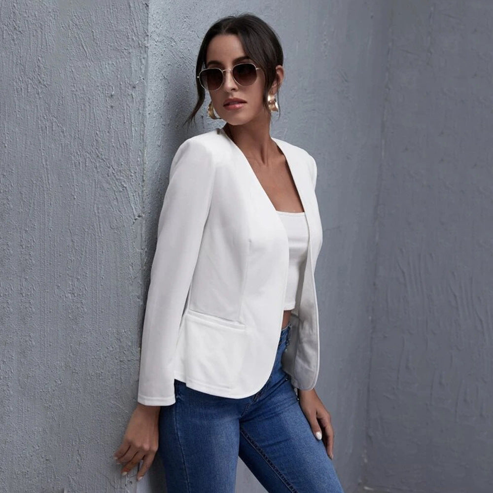 White Open-Front Cropped Blazer – Women&