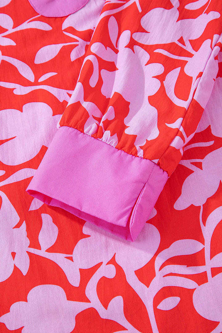 Red Floral Print Split V Neck Cuffed Bracelet Sleeve Blouse