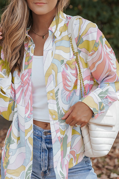 Multicolor Abstract Printed Turn-Down Collar Loose Shirt