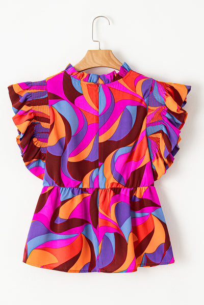 Orange Abstract Print Flutter Sleeve Peplum Blouse