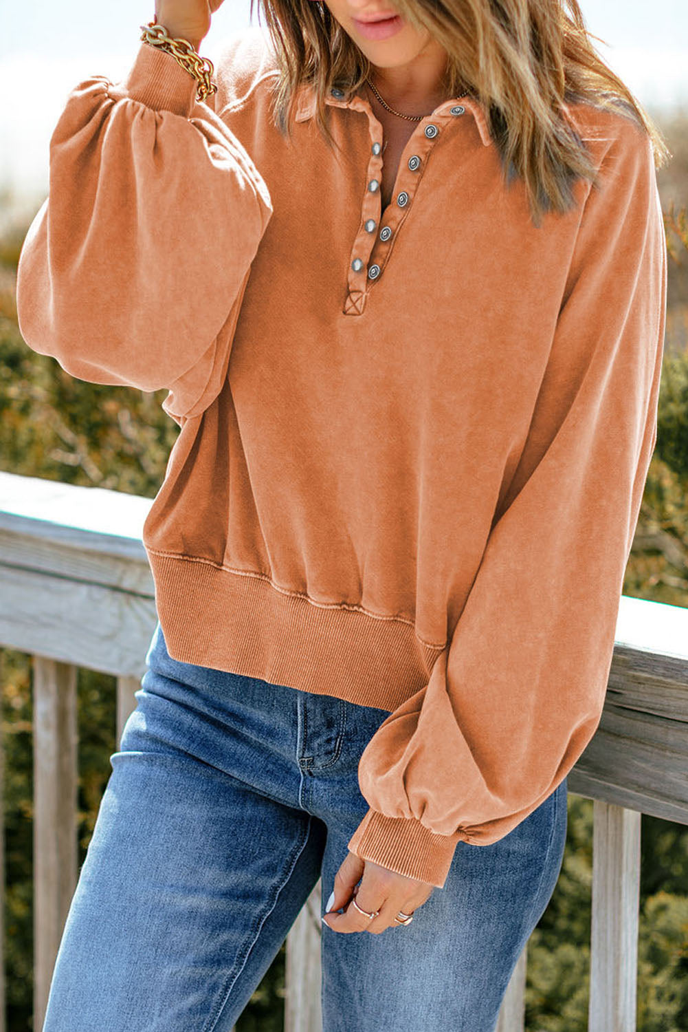 Orange Washed Snap Buttons Lantern Sleeve Pullover Sweatshirt