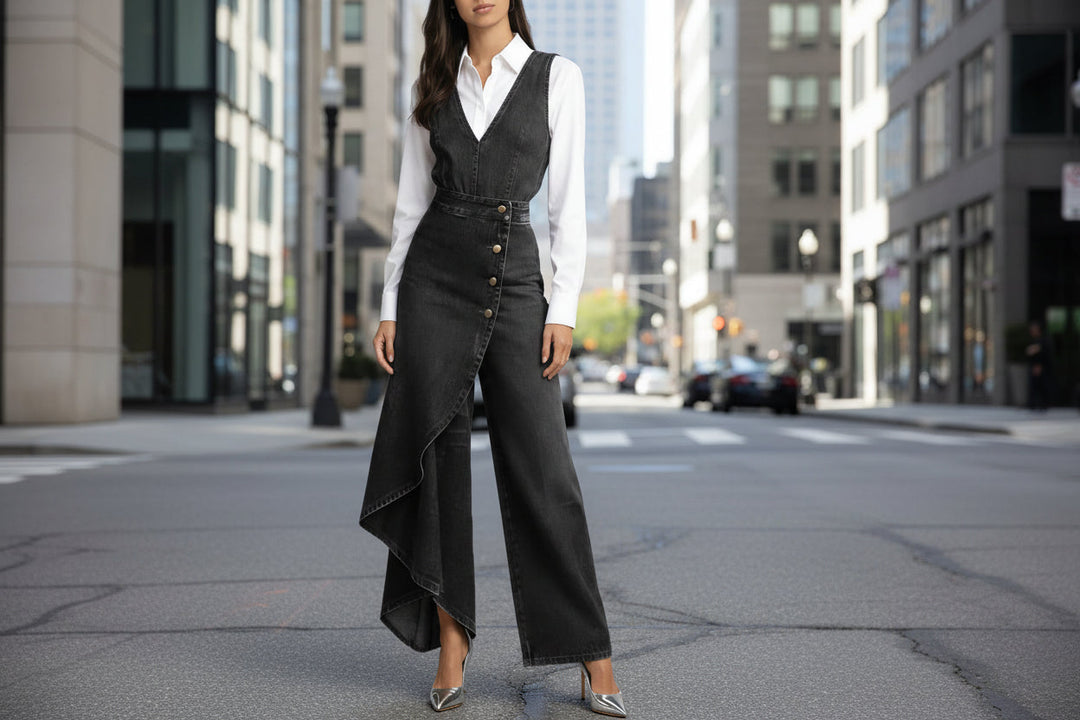 Women’s Western-Style V-Neck Asymmetrical Denim Jumpsuit