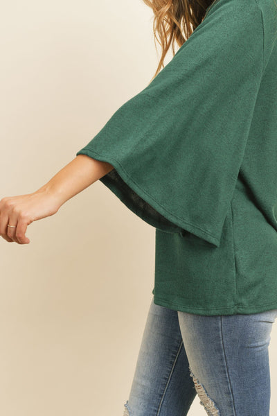 Boat Neck Bell Sleeve Solid Hacci Brushed Top