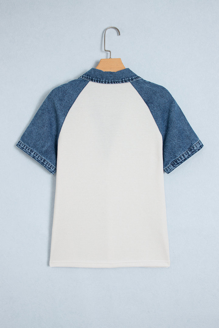 White Textured Color Block Denim Patchwork Polo Collar Tee