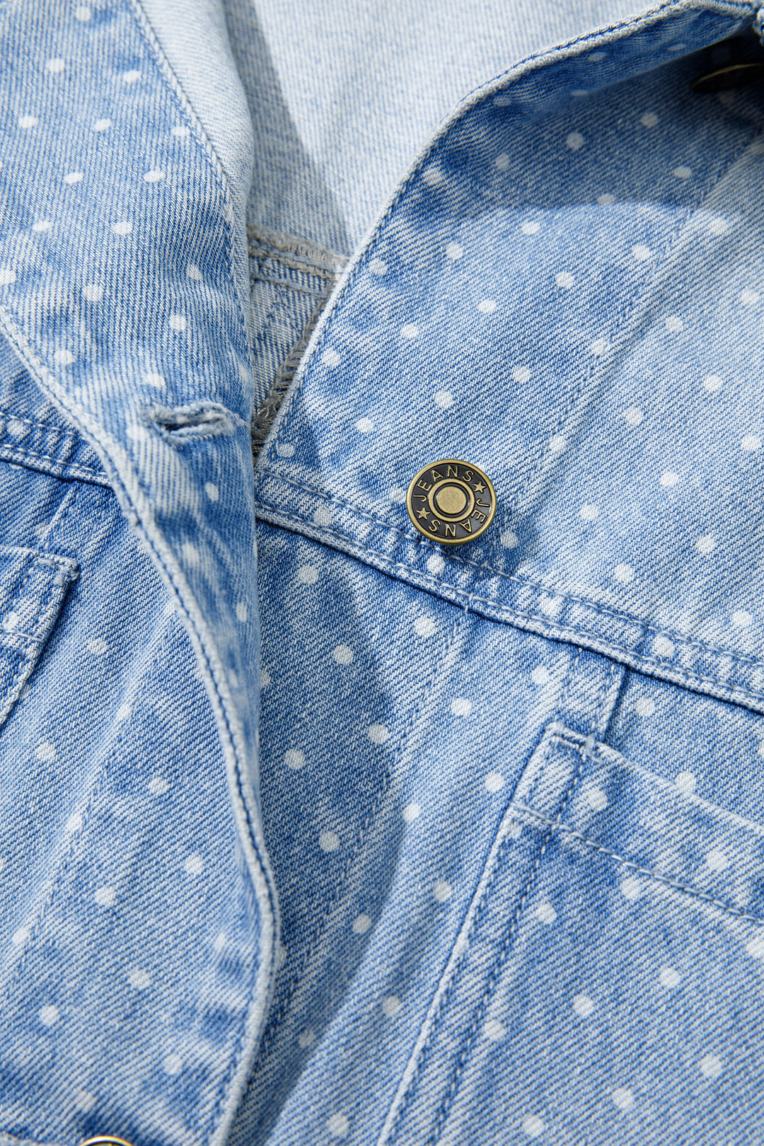Sky Blue Polka Dot Long Sleeve Collar Pocket Casual Shift Silhouette Denim Jacket